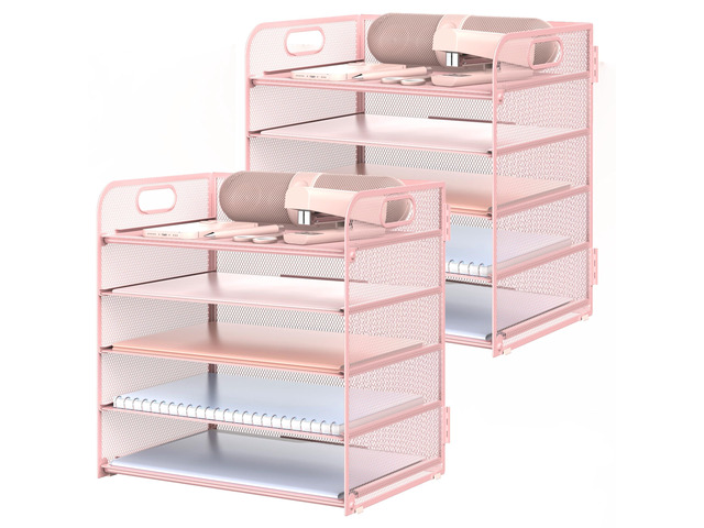 2 Pack Letter Tray 5-Tier Desk Organizer File Paper Holder with Handle, Metal Desktop Document Shelf Tray Office Classroom Organization - Pink