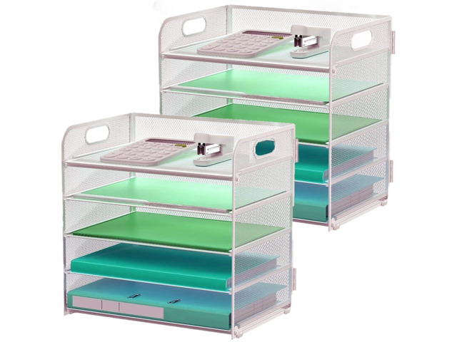 2 Pack Letter Tray 5-Tier Desk Organizer File Paper Holder with Handle, Metal Desktop Document Shelf Tray Office Classroom Organization - Silver