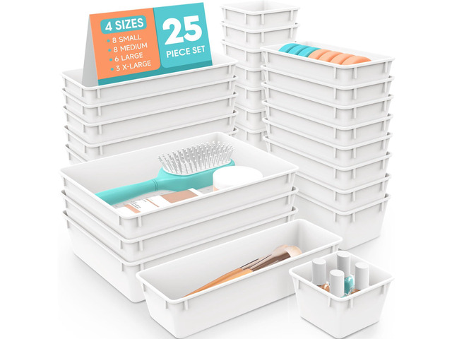 25 PCS Plastic Drawer Organizer Set, Makeup Organizers and Storage Bins 4 Sizes Desk Drawer Divider Organizers and Storage Bins for Jewelry,...