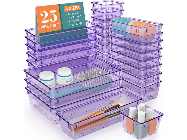 25 PCS Plastic Drawer Organizer Set, Makeup Organizers and Storage Bins 4 Sizes Desk Drawer Divider Organizers and Storage Bins for Jewelry,...