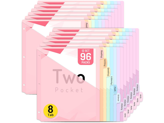 96 Count Binder Dividers with Two Pockets, 8 tab Dividers Binders Organizer, Binder Divider with Tabs for School Office and Home Organization,...