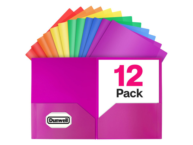 Colored Plastic 2-Pocket Folders, 8.5x11, Assorted, 12 Pack Heavy-Duty, Long-Lasting Poly, Fits 8.5x11 Documents for School & Office, Includes Labels