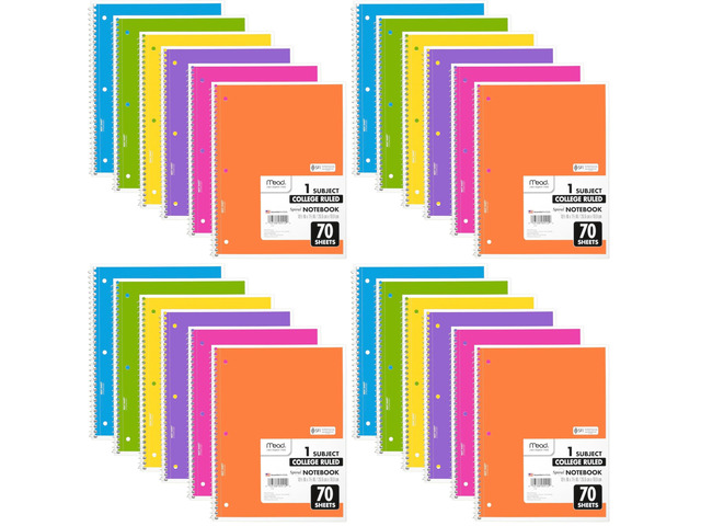 Spiral Notebook, 24 Pack, 1 Subject, College Ruled Paper, 7-1/2' x 10-1/2', 70 Sheets per Notebook, Assorted Bright Colors (830050-ECM)