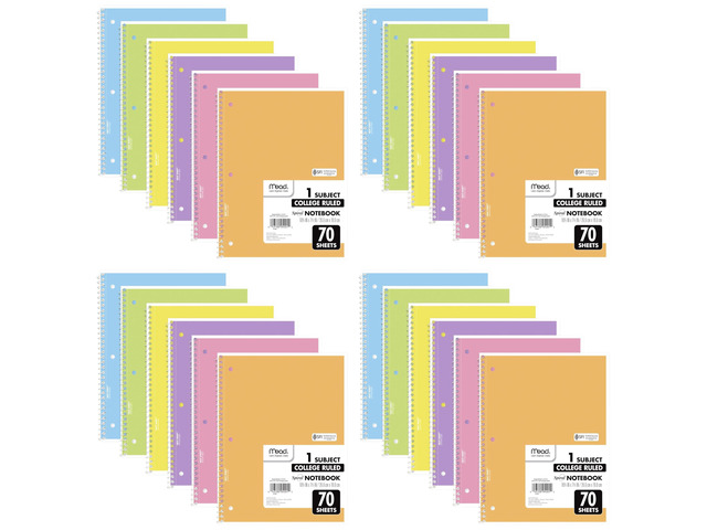 Spiral Notebook, 1 Subject, College Ruled Paper, 7-1/2' x 10-1/2', 70 Sheets per Notebook, Assorted Pastel Colors (830049) (Pack of 24)