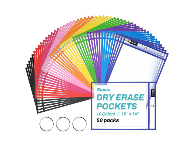 50 Packs Oversized Reusable Dry Erase Pocket Sleeves with 3 Rings, 10 Assorted Colors 10x14 Ticket Holders, Clear Plastic Sheet Protectors, Teacher...