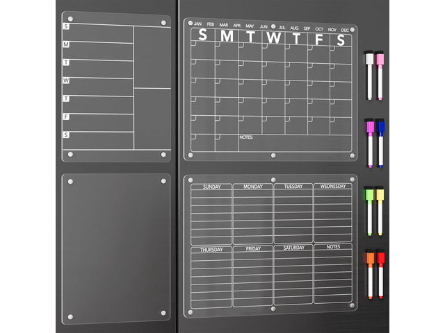 4Pcs Acrylic Magnetic Dry Erase Board Calendar for Fridge, Clear Monthly Weekly Daily Meal Menu Planner Whiteboard for Refrigerator, Notepad Memo...
