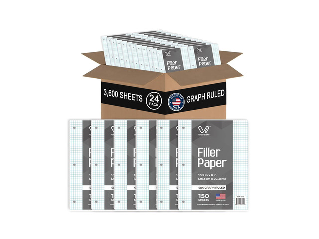Notebook Paper USA-Made Loose Leaf Paper, 24 Pack 3600 Sheets 8'x10.5' Quad Ruled - 3-Hole Punched Bulk Filler Paper for 3-Ring Binder, 150...
