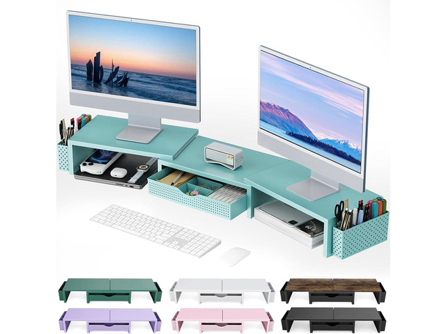 Dual Monitor Stand Riser With Drawer and 2 Pen Holders Computer Monitor Stand Desk Organizer and Accessories Desk Shelf for Top of Desk (Blue)