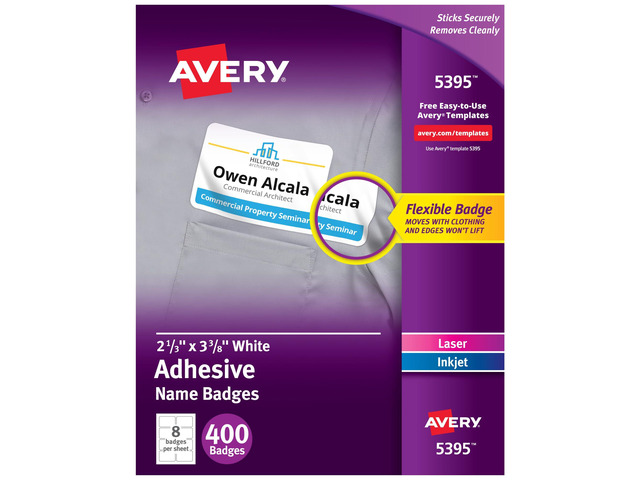 Flexible Printable Name Tags, 2-1/3' x 3-3/8', Matte White, 400 Removable Name Badges for Laser and Inkjet Printers (5395)