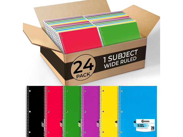 Bulk Spiral Notebook, 24 Pack, 1 Subject, Wide Ruled, 70 Sheets Single Subject Notebook Bulk, 140 Pages, 8 x 10-1/2', 3 Hole Punched, Bulk Spiral...