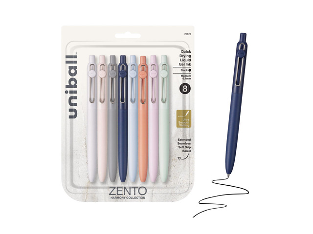 uniball Zento Gel Pens, Black Ink, 0.7mm Medium Point, 8 Count Retractable, Smooth Writing, Quick-Drying, No Smear, No Bleed, Harmony Barrel Colors