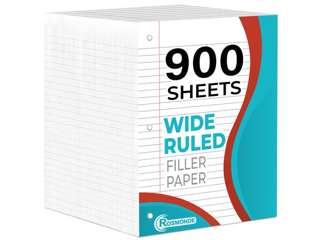 6 Pack Loose Leaf Paper, 900 Sheets, Wide Ruled Filler Paper Bulk Office Filler Paper, 8' x 10.5', 3 Hole Punched, 150 Sheets/Pack, Wide Ruled...