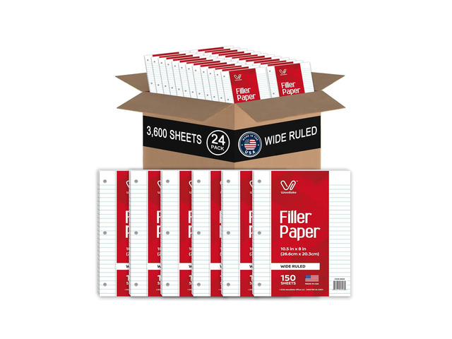Notebook Paper USA-Made Loose Leaf Paper, 24 Pack 3600 Sheets 8'x10.5' Wide Ruled - 3-Hole Punched Bulk Filler Paper for 3-Ring Binder, 150...