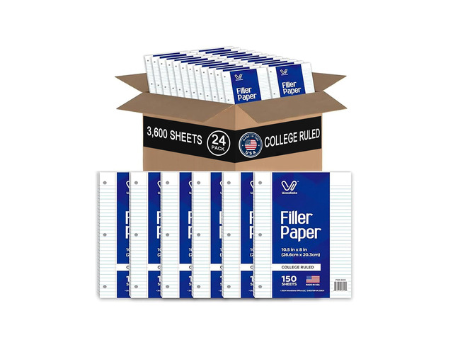 Notebook Paper USA-Made Loose Leaf Paper, 24 Pack 3600 Sheets 8'x10.5' College Ruled - 3-Hole Punched Bulk Filler Paper for 3-Ring Binder, 150...