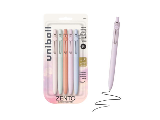 uniball Zento Gel Pens, Black Ink, 0.7mm Medium Point, 5 Count Retractable, Smooth Writing, Quick-Drying, No Smear, No Bleed, Dawn Barrel Colors