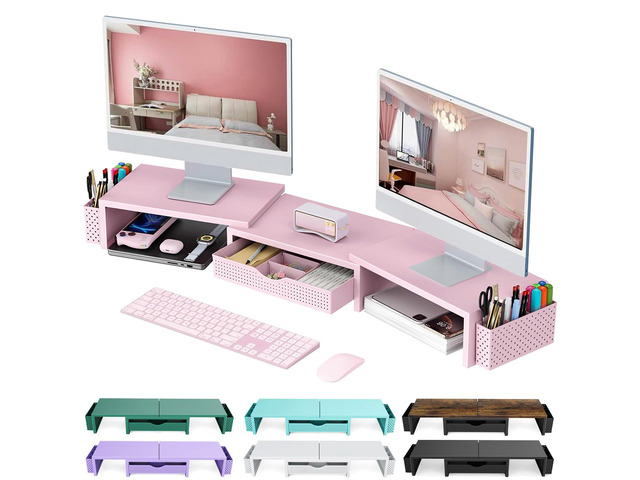 Dual Monitor Stand Riser With Drawer and 2 Pen Holders Computer Monitor Stand Desk Organizer and Accessories Desk Shelf for Top of Desk (Pink)