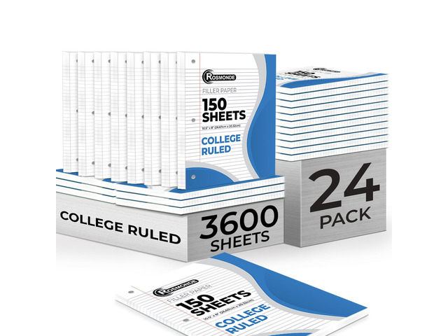 3600 Sheets Loose Leaf Paper Bulk, 24 Pack, College Ruled Paper Bulk Notebook Paper, 8' x 10.5', 150 Sheets/Pack, Bulk Office Filler Paper, 3 Hole...