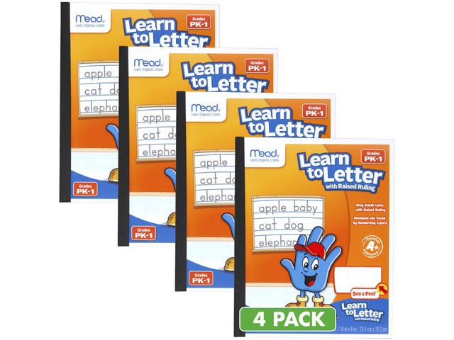 Learn to Letter Writing Tablet, Handwriting Practice Pad Grades PK-1, 10' x 8', Solid & Dotted Raised Ruling, 40 Sheets, 4 Pack (480018)
