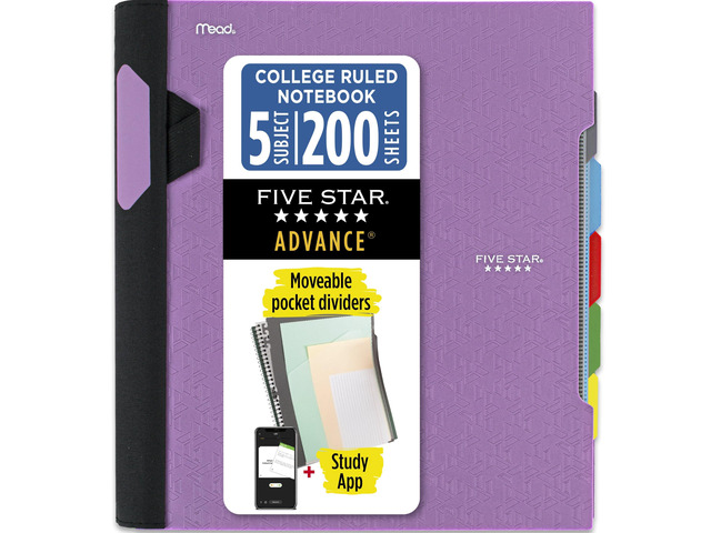 Advance Spiral Notebook + Study App, 5 Subject, College Ruled Paper, 8-1/2' x 11', 200 Sheets, Spiral Guard, Movable Tabbed Dividers, Amethyst...