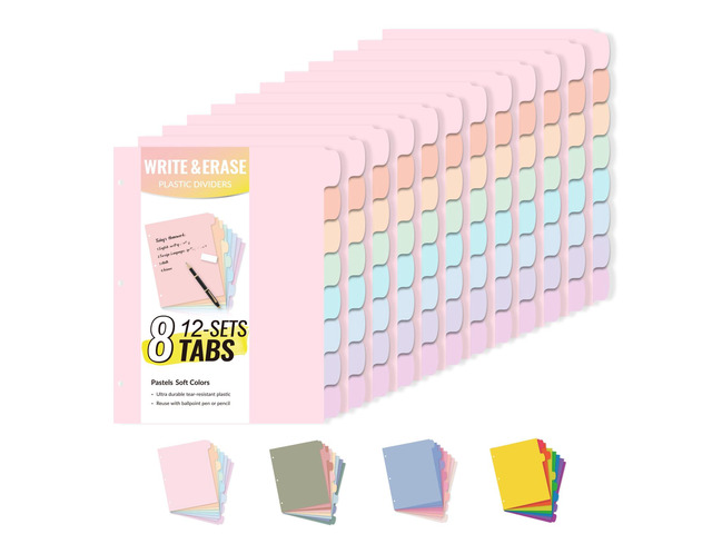 8 Tabs Plastic Write & Erase Binder Dividers with Tabs, 12 Sets Long-Lasting Dividers for 3 Ring Binder, Cute Pastels Binder Dividers Organizers...
