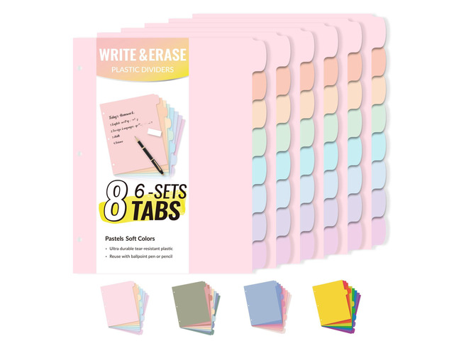8 Tabs Plastic Write & Erase Binder Dividers with Tabs, 6 Sets Long-Lasting Dividers for 3 Ring Binder, Cute Pastels Binder Dividers Organizers for...