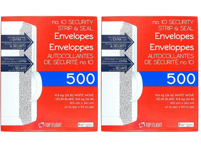 PSTF10NWT #10 Envelopes,Strip & Seal,Security Tinted,White Paper,24 lb,500 Count (Pack of 2)