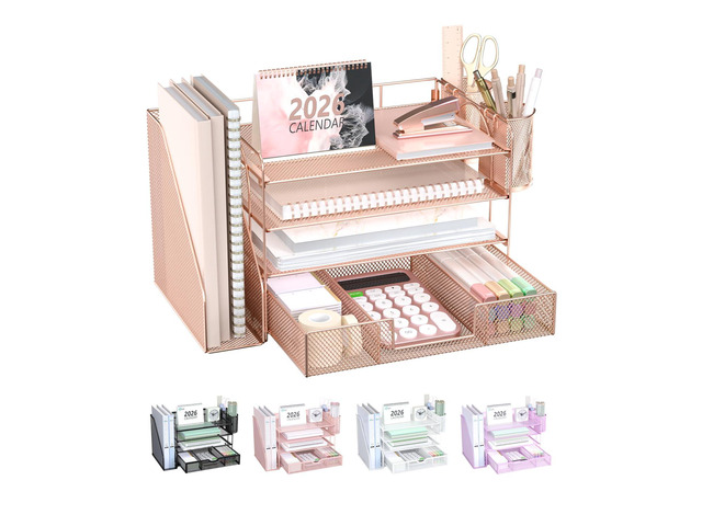 Desk File Organizer, 4 Tier Desktop Paper Letter Tray Organizer with Drawer and 2 Pen Holders, Office Desk Accessories & Workspace Organizers for...