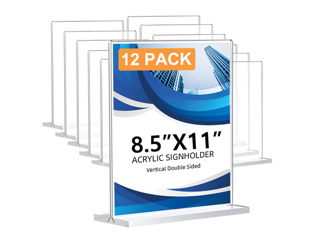 12 Pack Acrylic Sign Holder 8.5 x 11, Double-Sided Clear Sign Holder Plastic Stands for Display, T Shape Acrylic Table Sign Stands for Office Store...