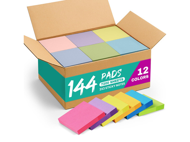 144 Pads Sticky Notes, 3x3 Inches, 12 Bright Colors, 50 Sheets/Pad Bulk Self-Stick Note Pads for Office, Study, and Daily Organization, Sticky...
