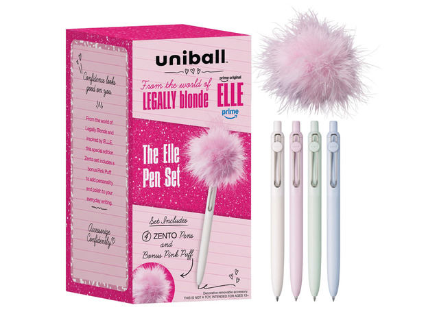 uniball The Elle Pen Set, Zento Gel Pens, Black Ink, 4 Count Pink Puff included, 0.7mm Medium Point, Retractable, Smooth Writing, Quick-Drying, No...