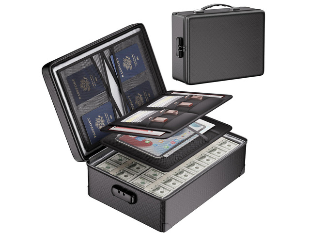 Fireproof Document Box with Lock - 12 Layers Heat Insulated, Black File Organizer Hard Case Safe Box with Fireproof Zipper, Home Safe Protects...