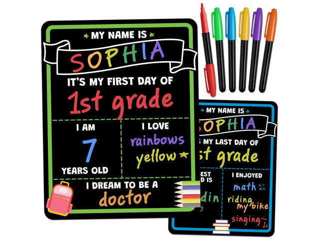 First Day of School Sign Board with Liquid Chalk Markers - 14x11 Double-Sided & Reusable Board - My First and Last Day - Back to School Supplies -...