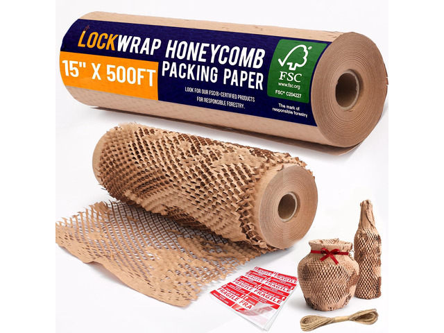 Honeycomb Packing Paper For Moving 15' x 500ft With Rope & Fragile Stickers Eco Friendly Shipping & Moving Paper Wrap For Packing Dishes Bubble...