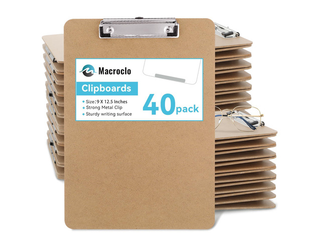 Wood Clipboards 40 Pack, Letter Size Hardboard Clip Board 8.5x11 A4 Standard Size 9' x 12.5' for Classroom, Students, Office & School Supply