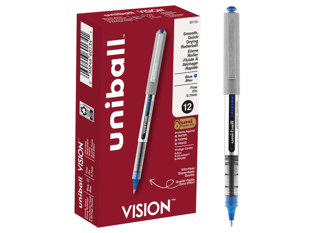 uniball Vision Rollerball Pens with 0.7mm Fine Point, Blue, 12 Count