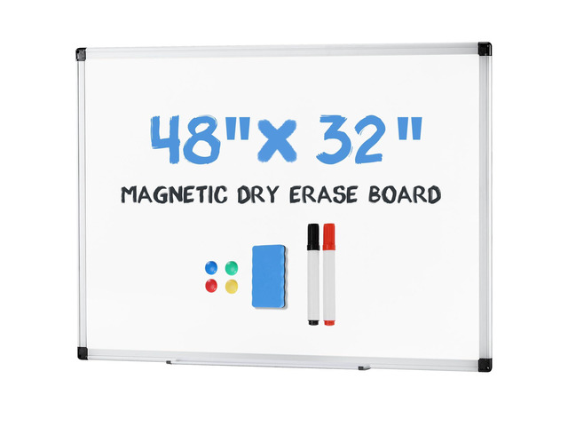 Magnetic White Board Kit for Wall 48' x 32', Dry Erase Board with 1 Dry Eraser & 2 Multicolor Markers & 4 Magnetic Pins, Silver Reinforced Aluminum...