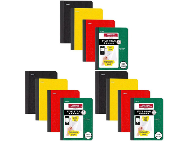 Composition Book + Study App, 12 Pack, Wide Ruled Paper, 7-1/2' x 9-3/4', 80 Sheets, Forest Green, Tidewater Blue, Fire Red and Harvest Yellow...