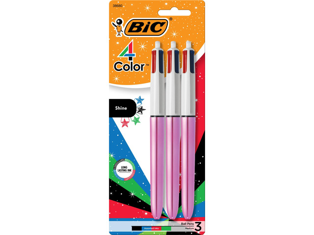 4 Color Shine Retractable Ballpoint Pen, 1.0 mm Point, 3-Count Assorted Wide Barrel for Comfort, Pink Metallic Barrels, Smooth Writing Experience,...
