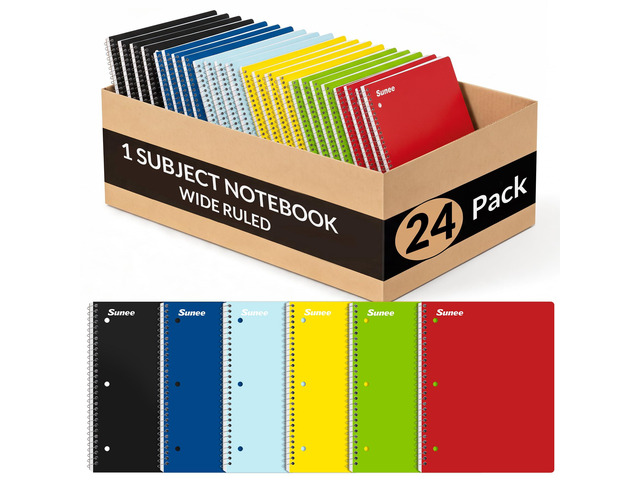 Spiral Notebooks, 1-Subject, 24 Pack, Wide Ruled Paper, 8' x 10-1/2', 70 Sheets per Notebook, 3-Hole Punched Paper, Spiral Lined Notebooks for...