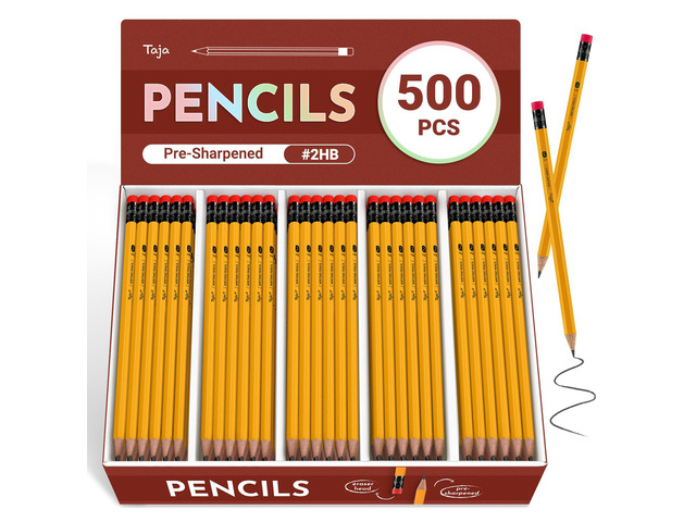 500 Pack Wood-Cased #2 HB Pencils, Bulk Pre-Sharpened, Yellow #2 HB Pencils with Top Eraser, Classic Hexagonal Barrel, Perfect for School &...