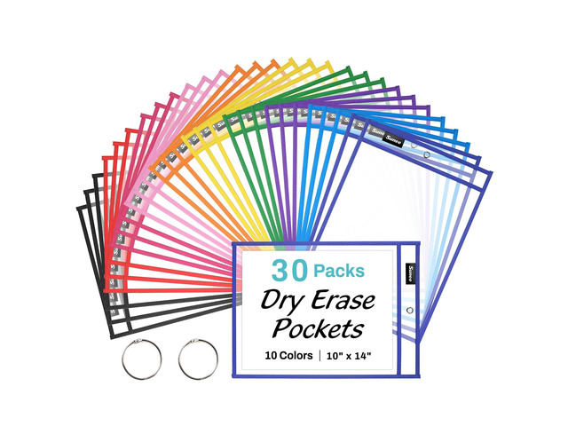 30 Packs Oversized Reusable Dry Erase Pocket Sleeves with 2 Rings, 10 Assorted Colors 10x14 Ticket Holders, Clear Plastic Sheet Protectors, Teacher...