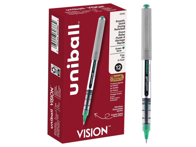 Uniball Vision Rollerball Pens, Green Pens Pack of 12 - 0.7mm Fine Point Medium Ink - Japanese Pens, Smooth Writing Pens, School & Office Supplies