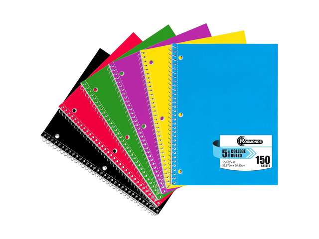6 Pack, 5 Subject Notebook College Ruled, 150 Sheets (300 Pages) Thick Paper Fights Ink Bleed, 3 Hole Punched, 300 Pages, 8 x 10-1/2', 5 Subject...