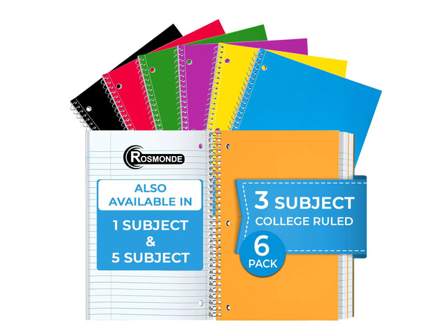 3 Subject Notebook College Ruled, 6 Pack, 150 Sheets (300 Pages) No-Bleed Paper, 3 Hole Punched, Thick Paper, 8x10-1/2, 3 Subject Spiral Notebook...