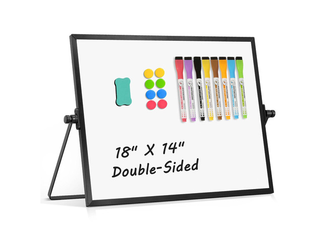 Double-Sided Magnetic White Board with Stand, 18' x 14' (Black) Dry Erase Board with Stand, Desktop Whiteboard Easel, Portable Small White board...