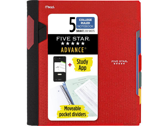 Advance Spiral Notebook + Study App, 5 Subject, College Ruled Paper, 8-1/2' x 11', 200 Sheets, Spiral Guard, Movable Tabbed Dividers, Fire Red (73146)
