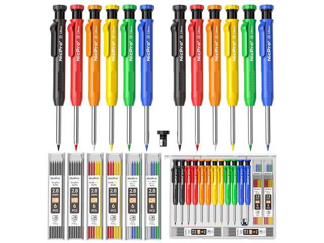 Carpenter Pencil with Sharpener, 12Pcs Construction Pencil+52 Refill Deep Hole Marker for Construction, Heavy Duty Woodworking Pencil for Architect...