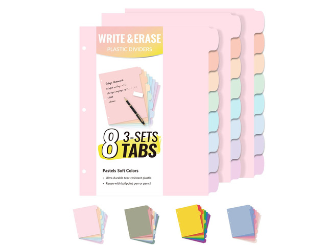 8 Tabs Plastic Write & Erase Binder Dividers with Tabs, 3 Sets Long-Lasting Dividers for 3 Ring Binder, Cute Pastels Binder Dividers Organizers for...