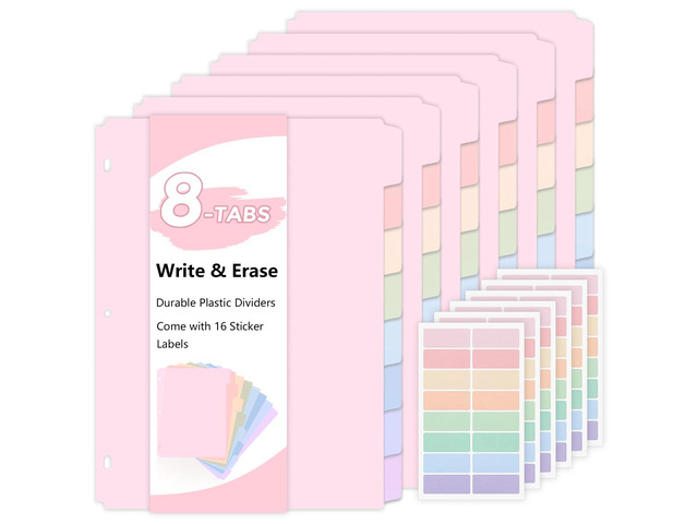 Durable Plastic 8-Tab Dividers,6sets,Big Tab Dividers for 3 Ring Binder, Write & Erase 3 Ring Binder Dividers with Tabs,with Sticker LabelsPink