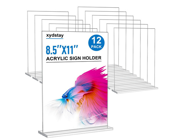 12 pack Acrylic Sign Holder 8.5 x 11, Clear Table Display Stand T-Shaped Plastic Menu Holder, Double-Sided Display, Vertical Sign Holder for...